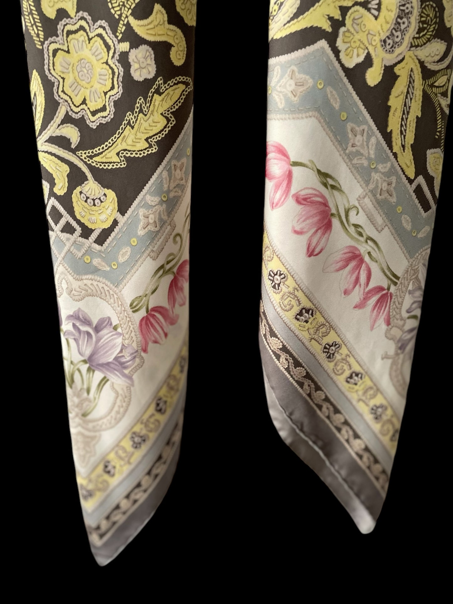 ETRO Vintage Grey Floral Silk Scarf (88 cm by 90 cm) Hand Rolled Hem.