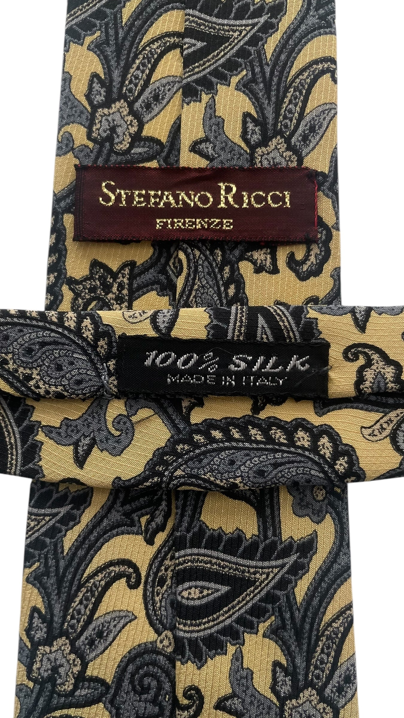 STEFANO RICCI Vintage Yellow Paisley Crepe Silk Jacquard Tie (7.6 cm by 148.5 cm) Medium Front Size.