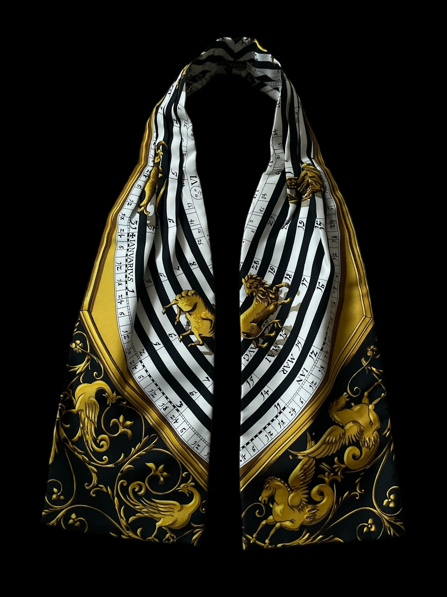 Vintage Black Zodiac Silk Ascot Scarf by HERMES (Designed Francoise Faconnet)