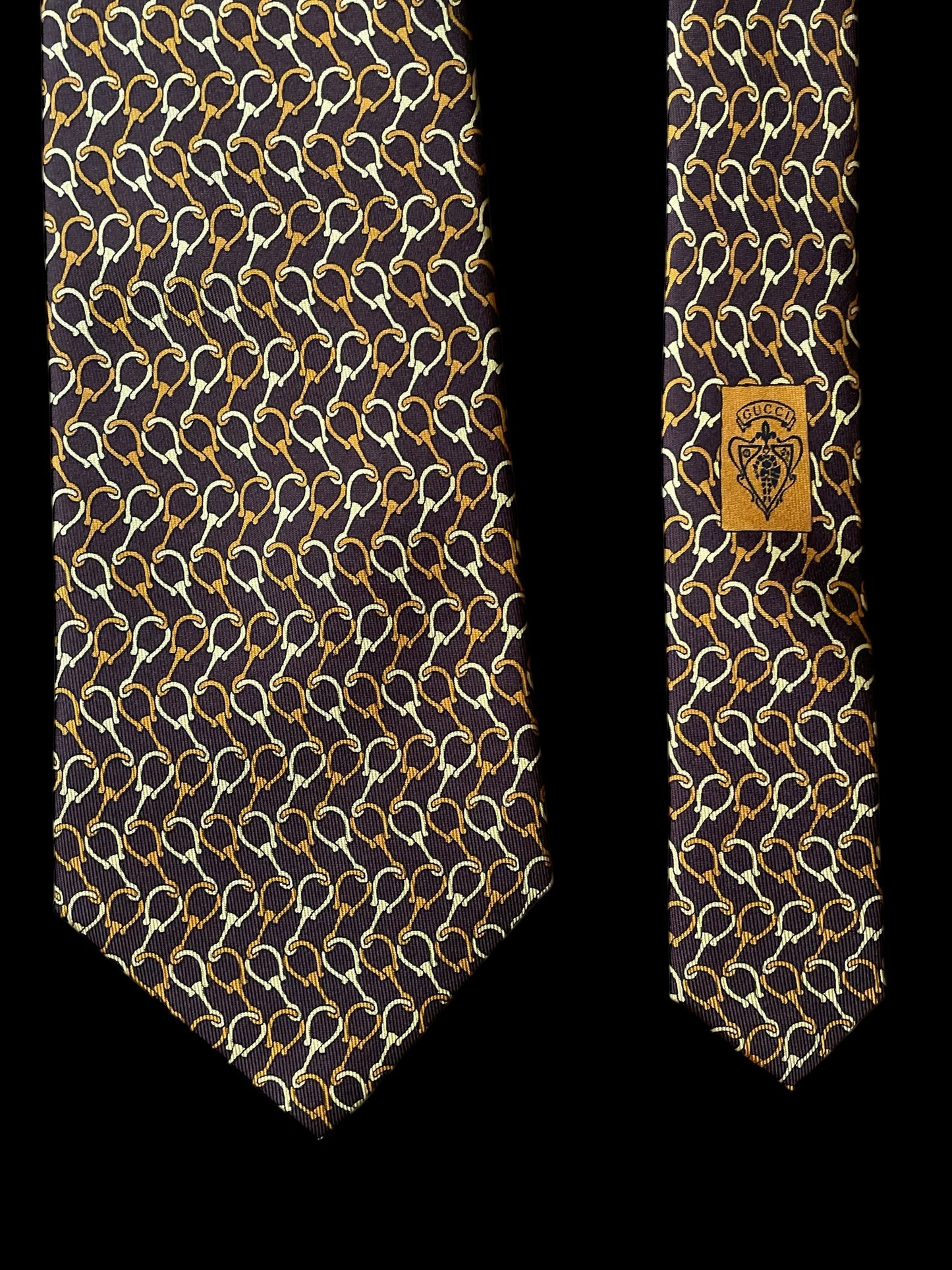 GUCCI Vintage Dark Brown Equestrian Silk Tie (9.7 cm by 144 cm) New in Box.