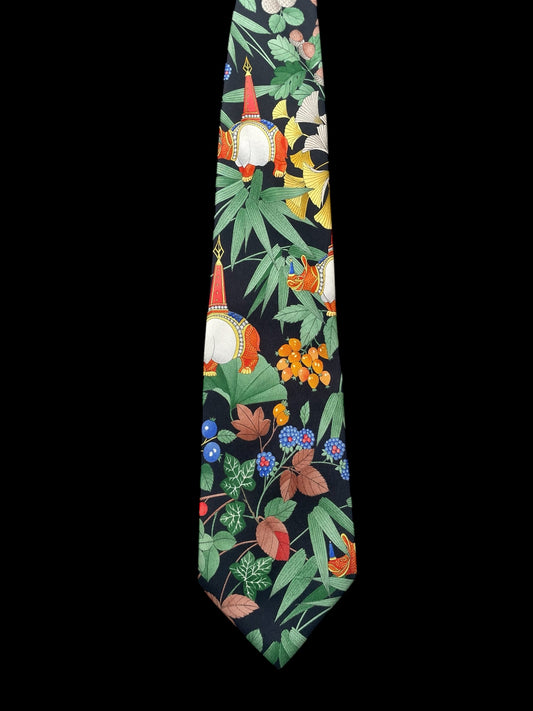 LEONARD Vintage Black Floral-Animals Silk Tie (9.8 cm by 146 cm) Normal Front Size