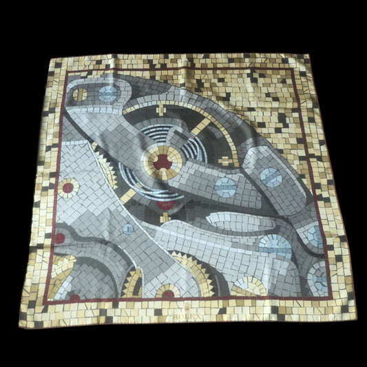 ROLEX Vintage Dark Grey Abstract Silk Scarf (86 cm by 88 cm) Hand Rolled Hem.