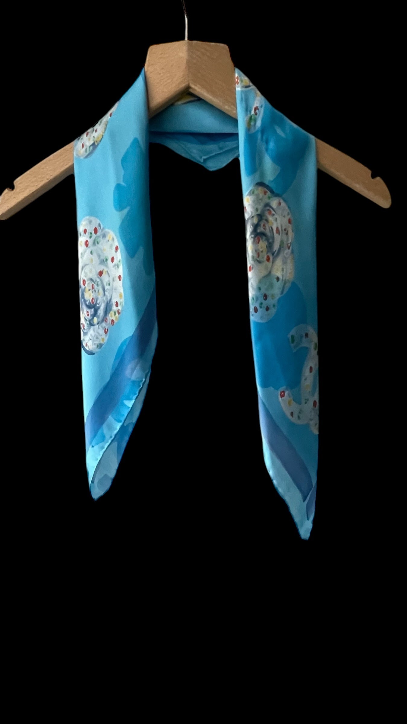 CHANEL Vintage Light Blue Floral Crepe Silk Chiffon Scarf (58 cm by 58 cm) Hand rolled Hem.