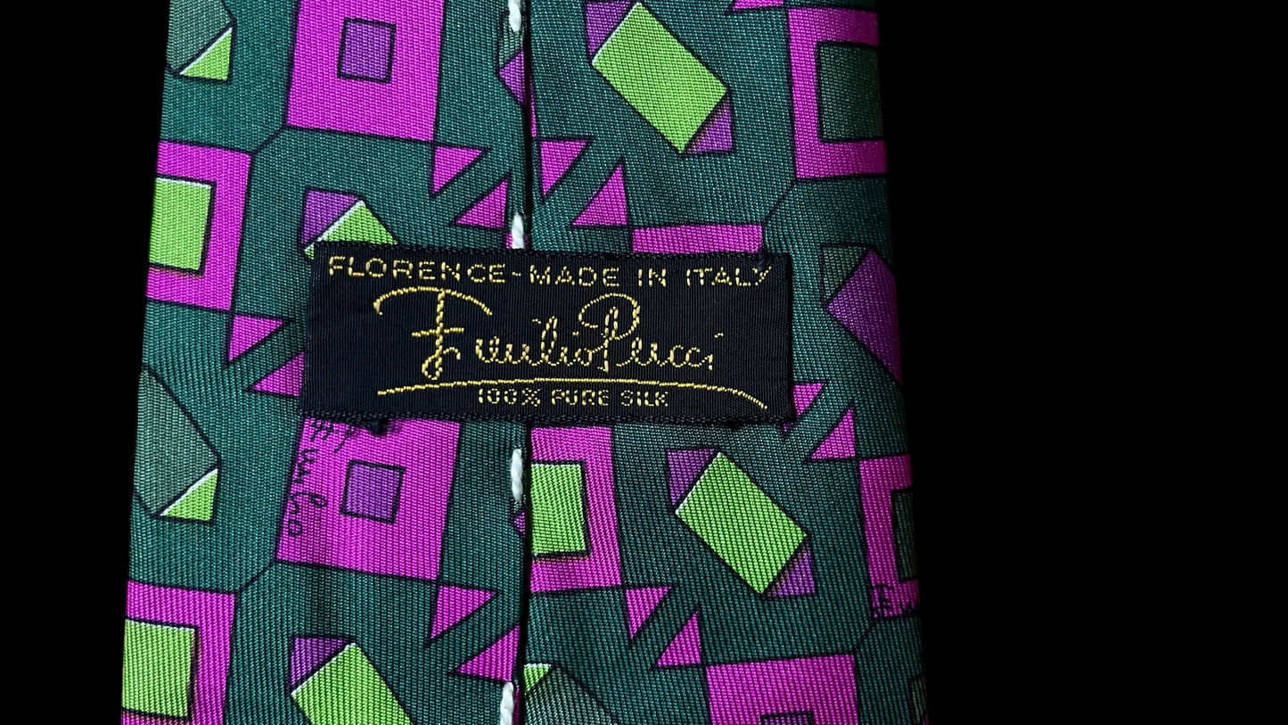 EMILIO PUCCI Vintage Dark Green Geometric Silk Tie (8.7 cm by 141 cm)