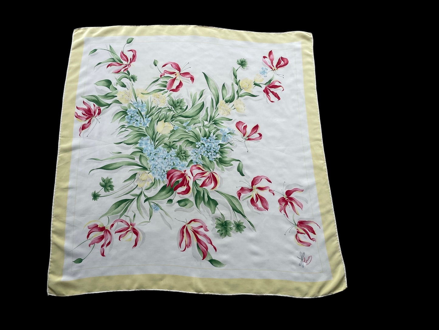 GUCCI vintage floral crepe silk scarf. Hand rolled hem