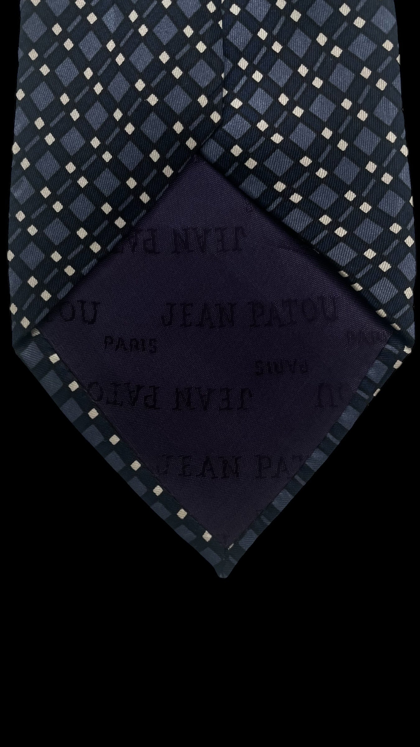 JEAN PATOU Vintage Navy Blue Geometric Crepe Silk Tie (8.4 cm by 147 cm) Medium Front Size.