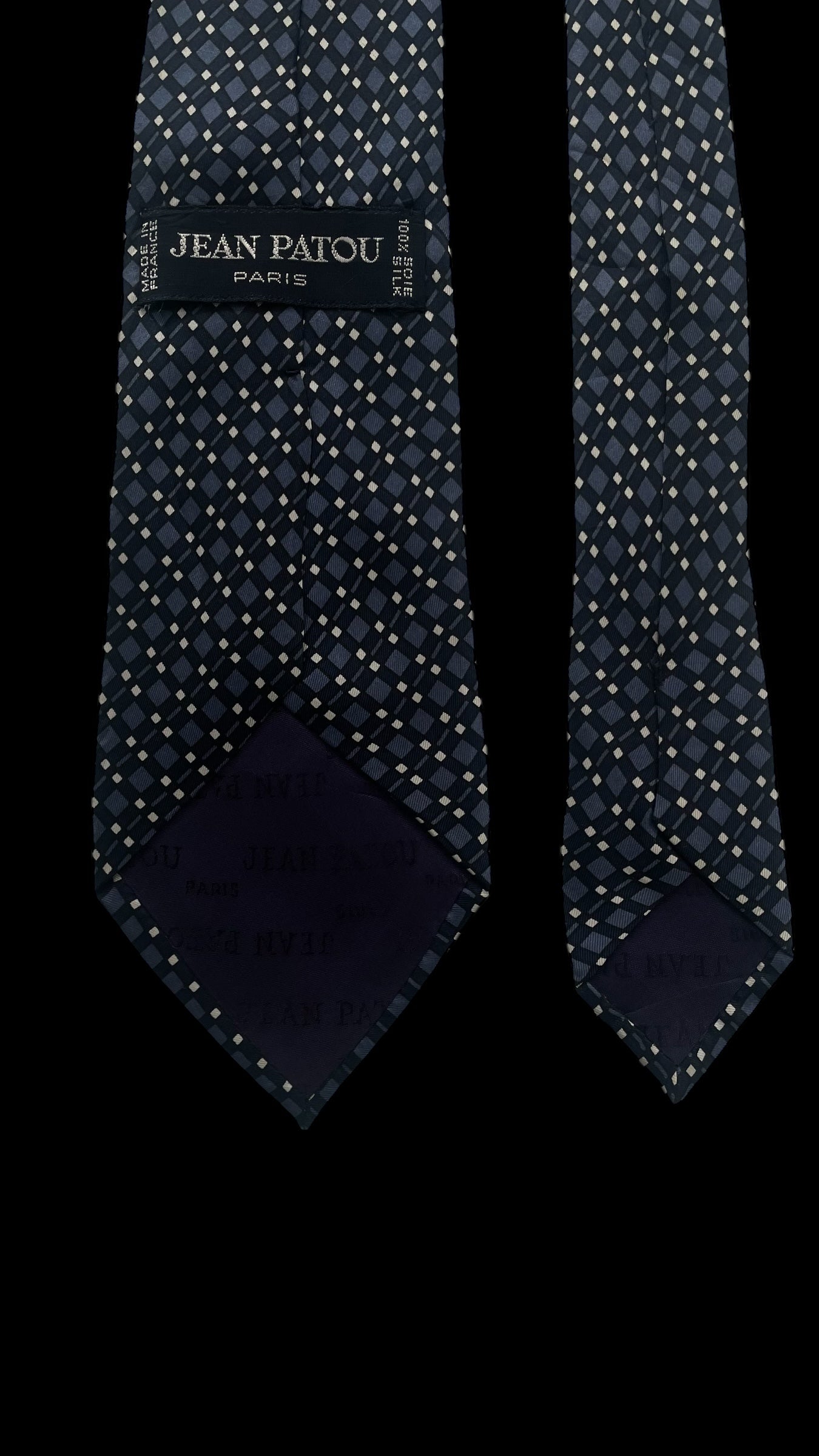 JEAN PATOU Vintage Navy Blue Geometric Crepe Silk Tie (8.4 cm by 147 cm) Medium Front Size.