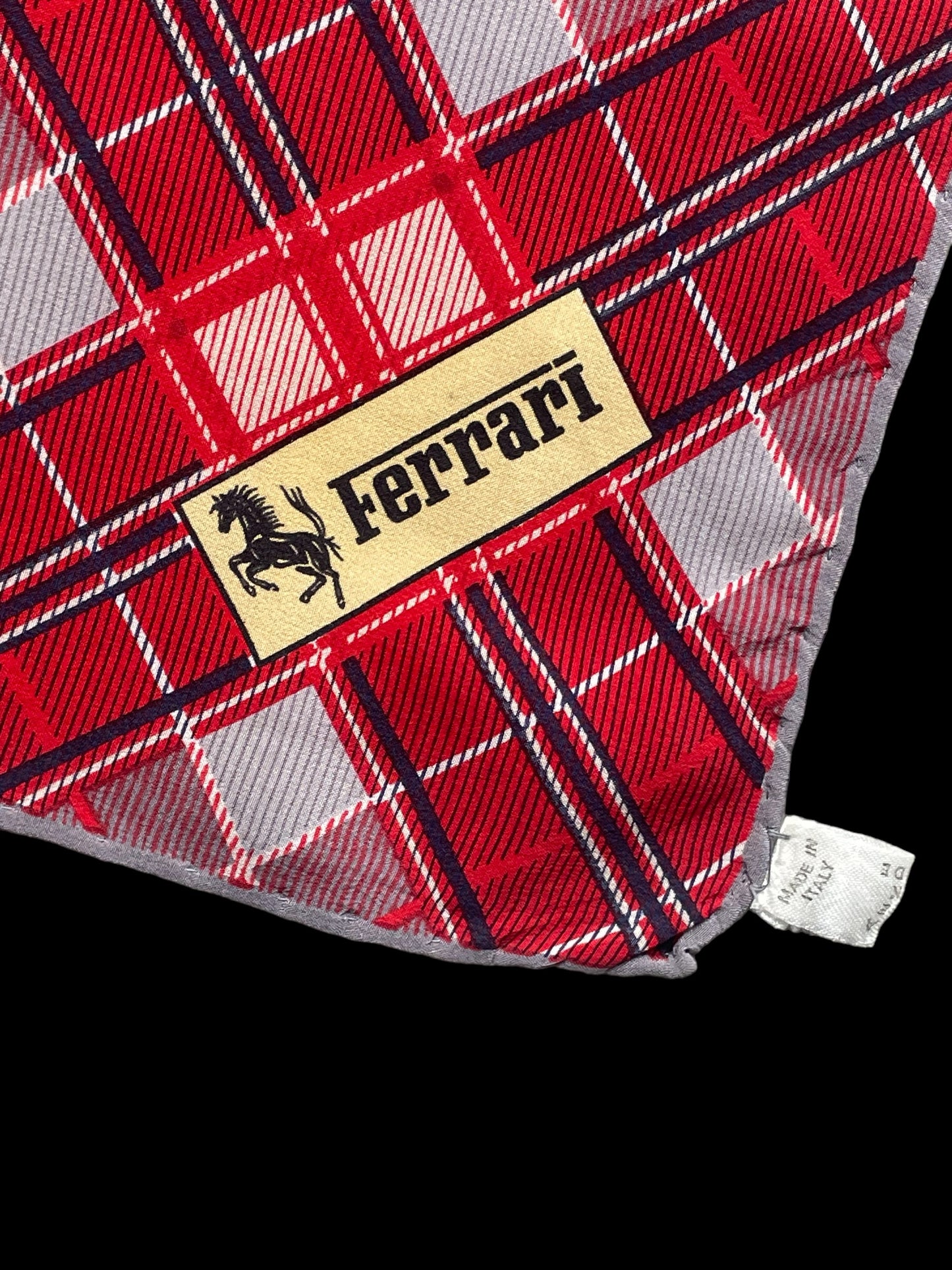 FERRARI vintage Equestrian crepe silk scarf (88 cm by 83 cm). Hand rolled hem