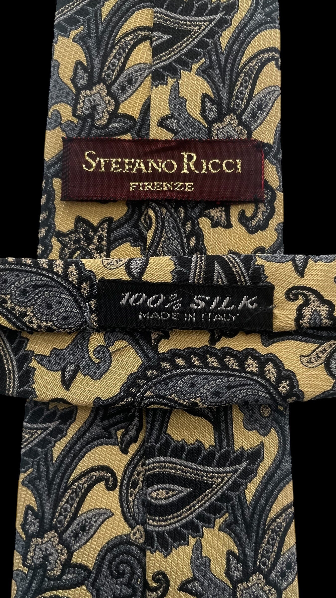 STEFANO RICCI Vintage Yellow Paisley Crepe Silk Jacquard Tie (7.6 cm by 148.5 cm) Medium Front Size.