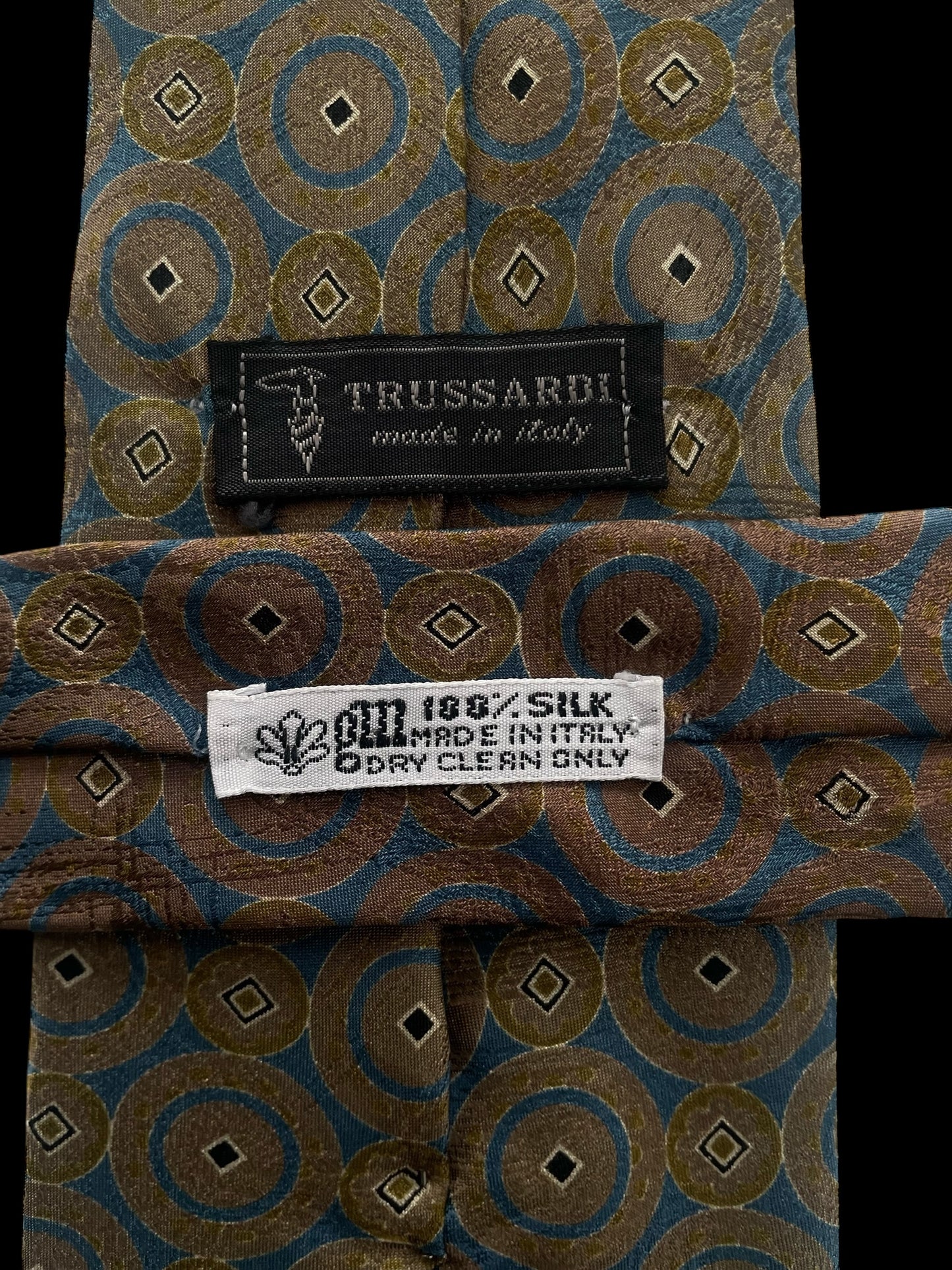 TRUSSARDI Vintage Blue Geometric Crepe Silk Jacquard Tie (8.8 cm by 148 cm) Medium Front Size.