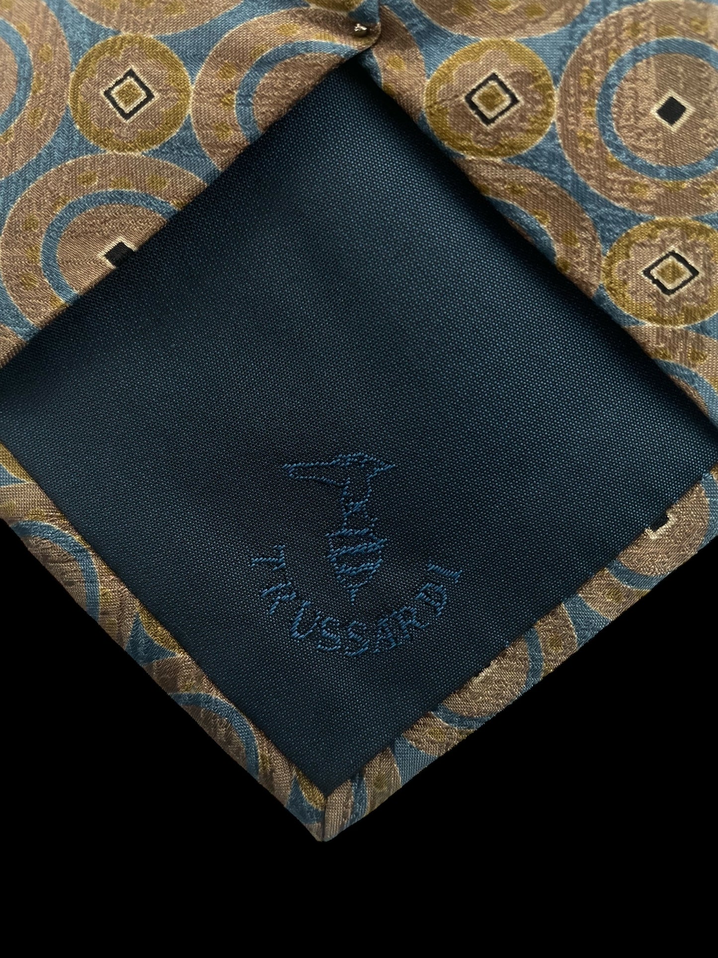 TRUSSARDI Vintage Blue Geometric Crepe Silk Jacquard Tie (8.8 cm by 148 cm) Medium Front Size.