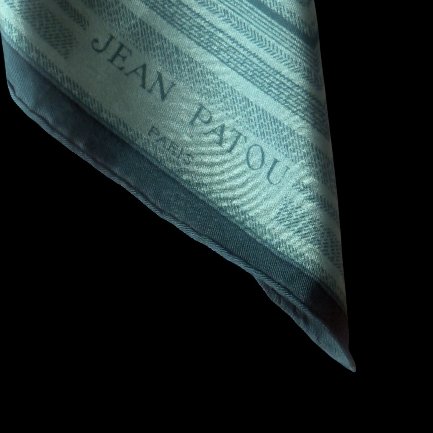 JEAN PATOU Vintage Dark Green Geometric Silk Scarf. Hand rolled hem (82 cm by 86 cm)