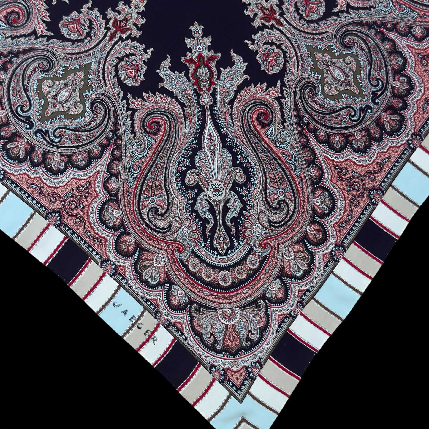 JAEGER Vintage Black Paisley Crepe Silk Scarf (88 cm by 86 cm)