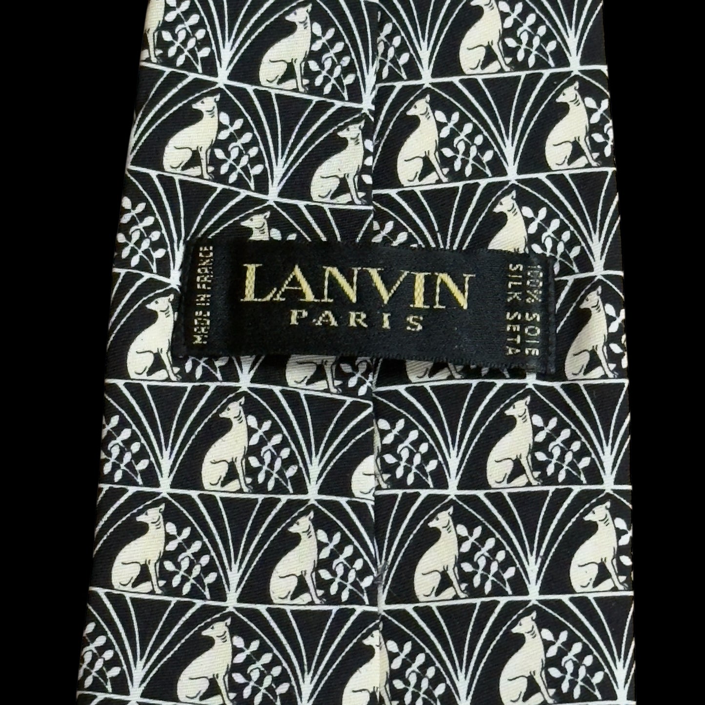 LANVIN Vintage Black Dog/Floral Logos Silk Tie (9.6 cm by 151 cm)