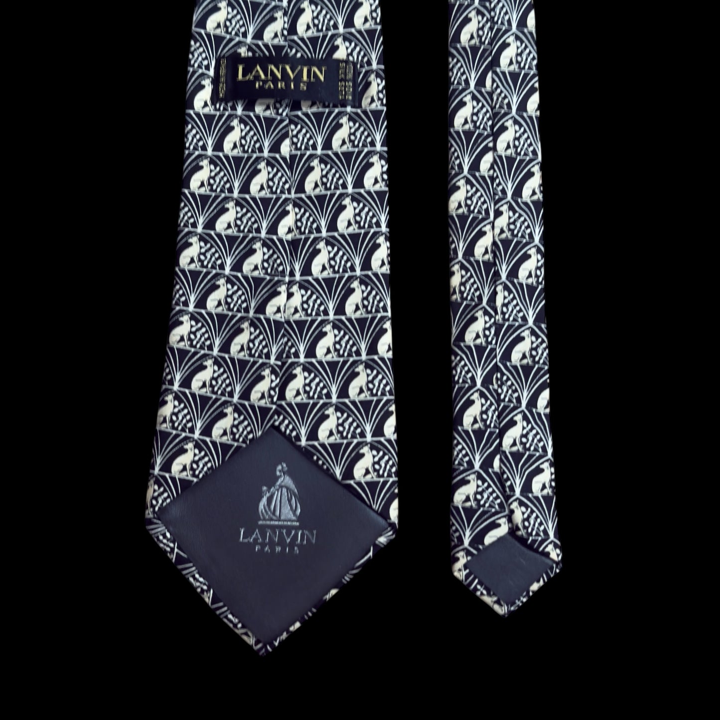 LANVIN Vintage Black Dog/Floral Logos Silk Tie (9.6 cm by 151 cm)