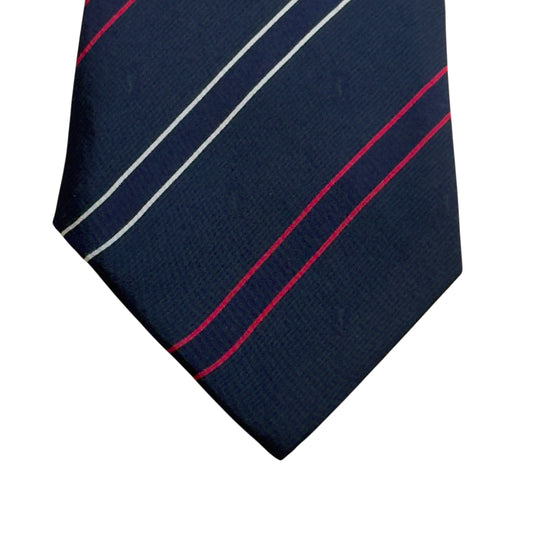 YSL Vintage Navy Blue Stripes/Logos Crepe Silk Tie (9 cm by 143.5 cm)