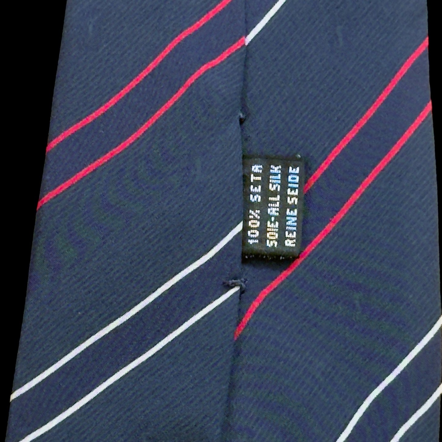 YSL Vintage Navy Blue Stripes/Logos Crepe Silk Tie (9 cm by 143.5 cm)