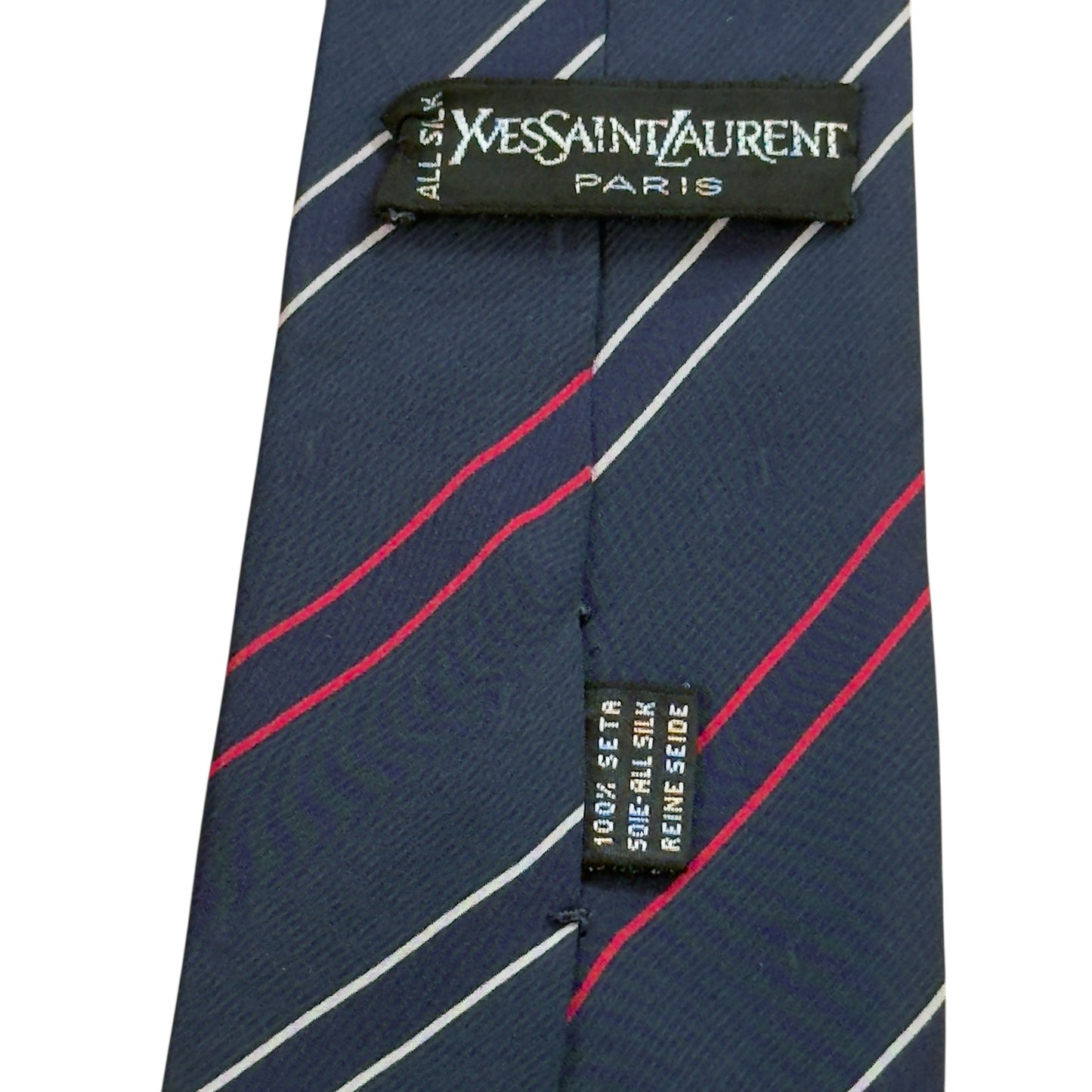 YSL Vintage Navy Blue Stripes/Logos Crepe Silk Tie (9 cm by 143.5 cm)