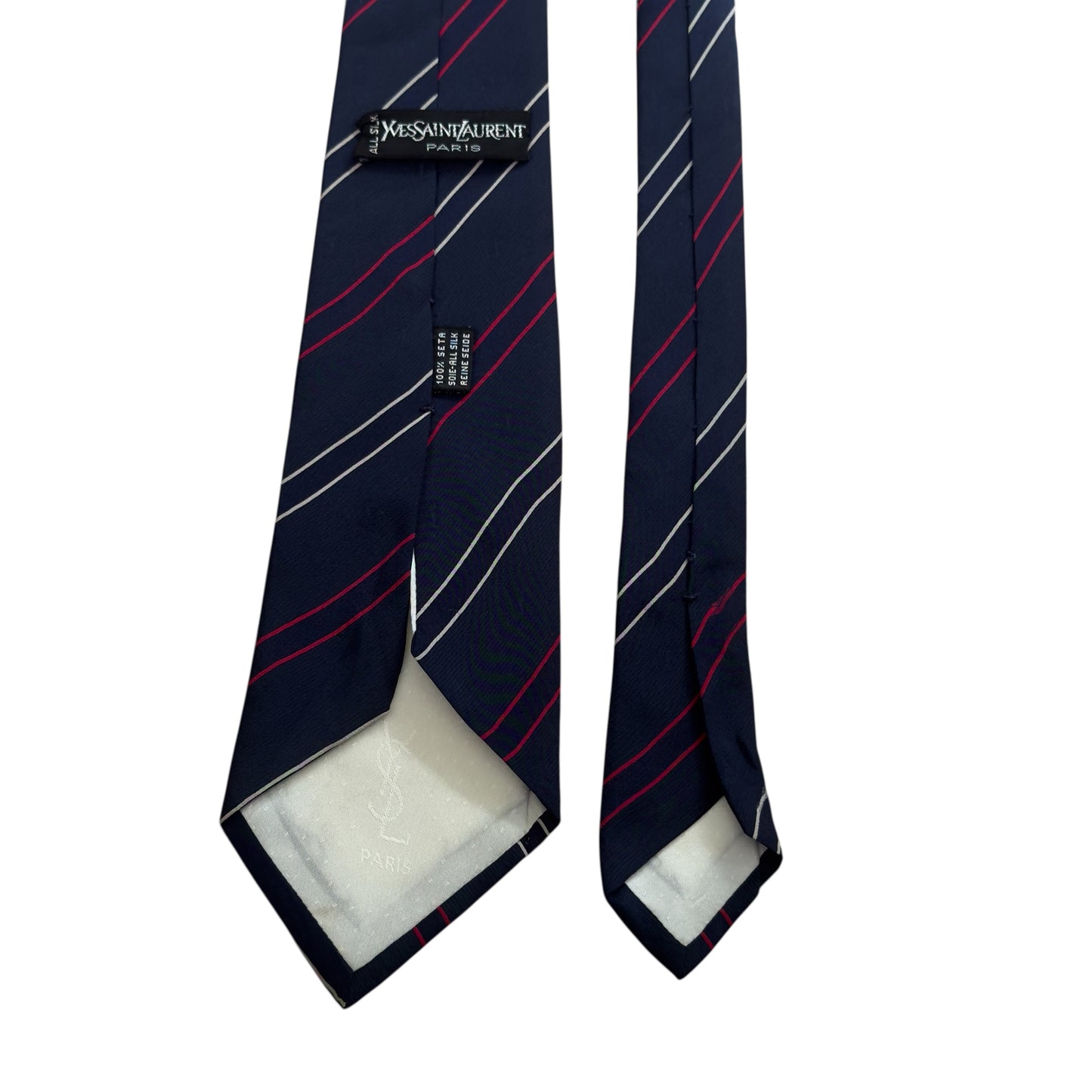 YSL Vintage Navy Blue Stripes/Logos Crepe Silk Tie (9 cm by 143.5 cm)