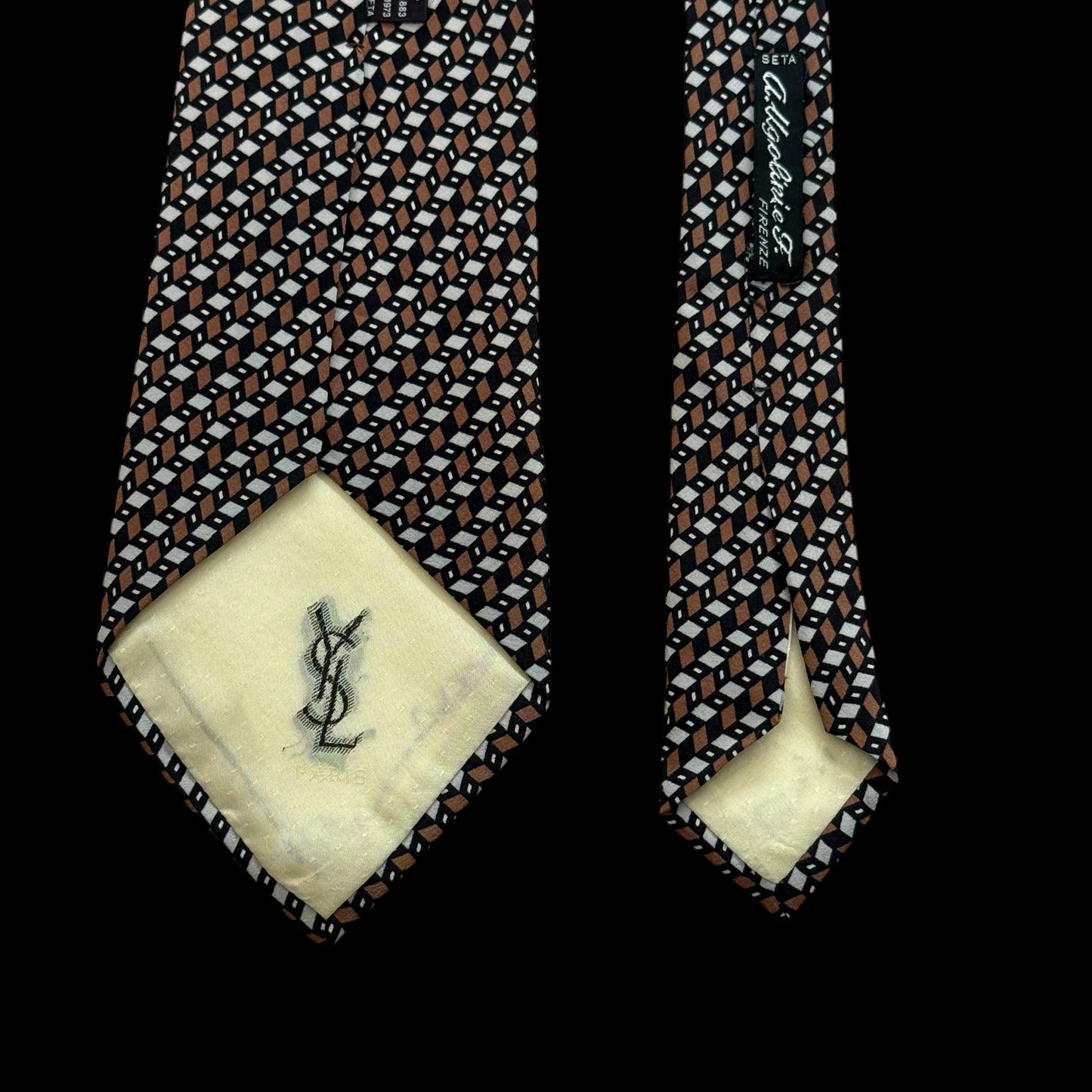YSL Vintage Brown Geometric Silk Tie (10 cm by 139 cm)