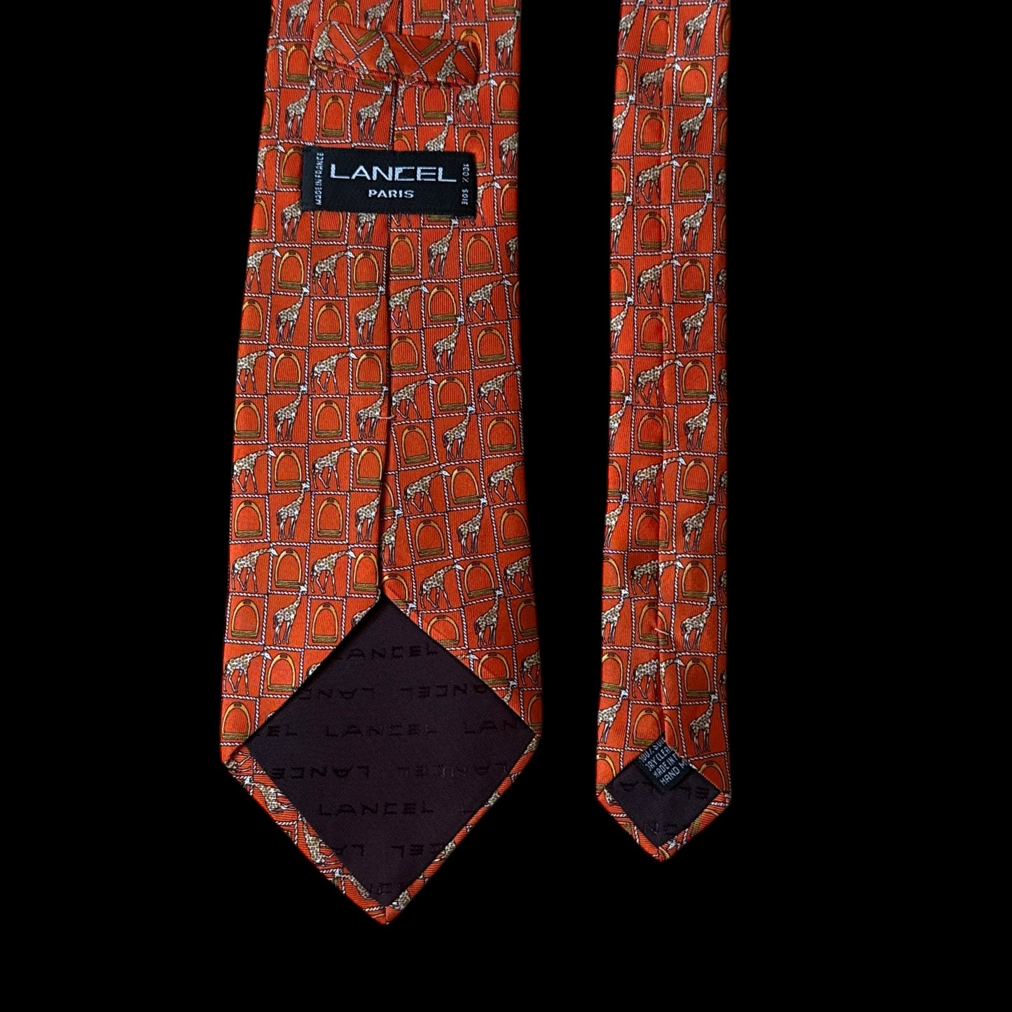 LANCEL Vintage Orange Giraffes/Equestrian Silk Tie (9.5 cm by 150 cm)