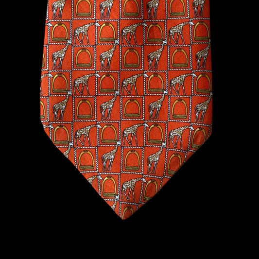 LANCEL Vintage Orange Giraffes/Equestrian Silk Tie (9.5 cm by 150 cm)