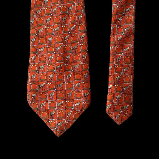LANCEL Vintage Orange Giraffes/Equestrian Silk Tie (9.5 cm by 150 cm)