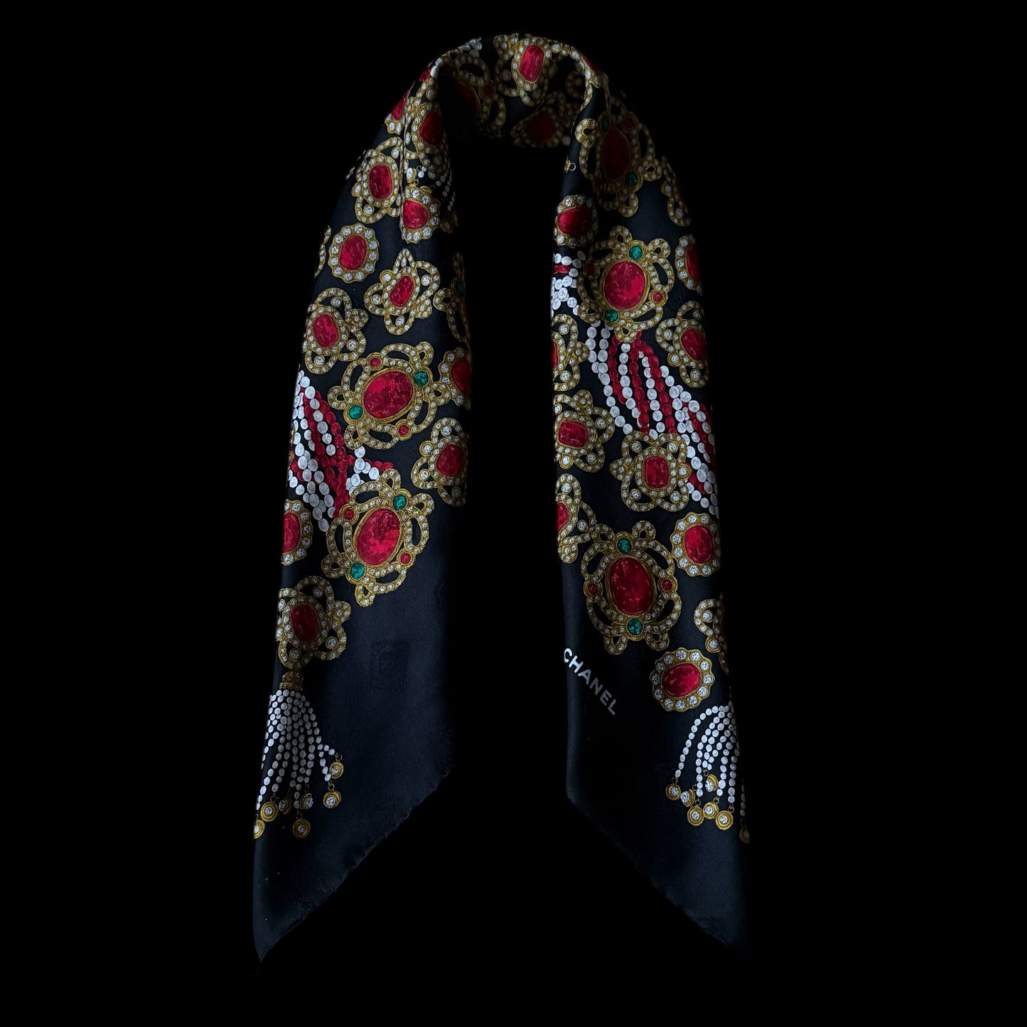 CHANEL Vintage Black Jewel Crepe Silk Jacquard Scarf (87 cm by 87 cm)