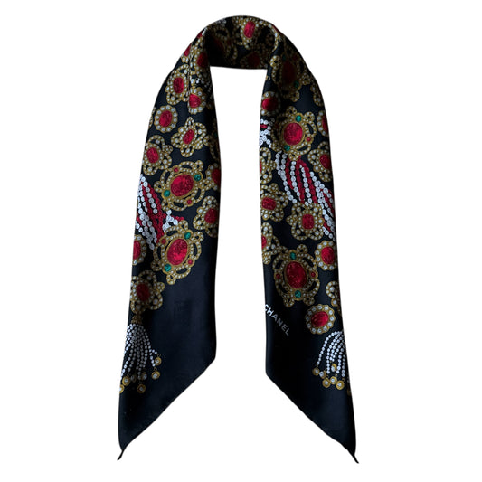 CHANEL Vintage Black Jewel Crepe Silk Jacquard Scarf (87 cm by 87 cm)