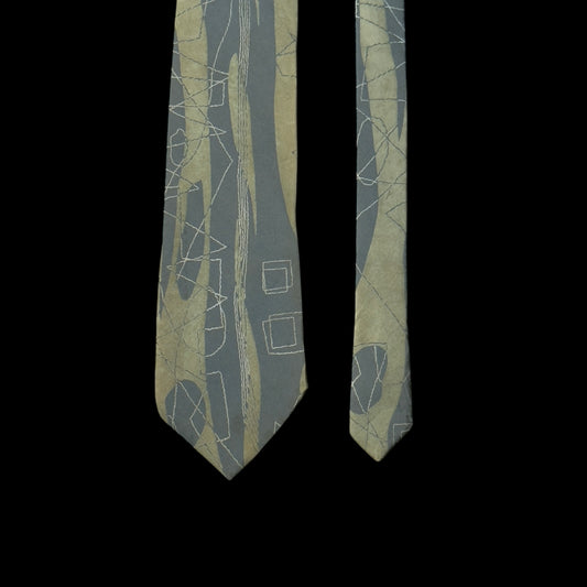 MIYAKE Design Studio Olive Green Abstract Silk Tie (8.9 cm by 142.5 cm)  Medium Front