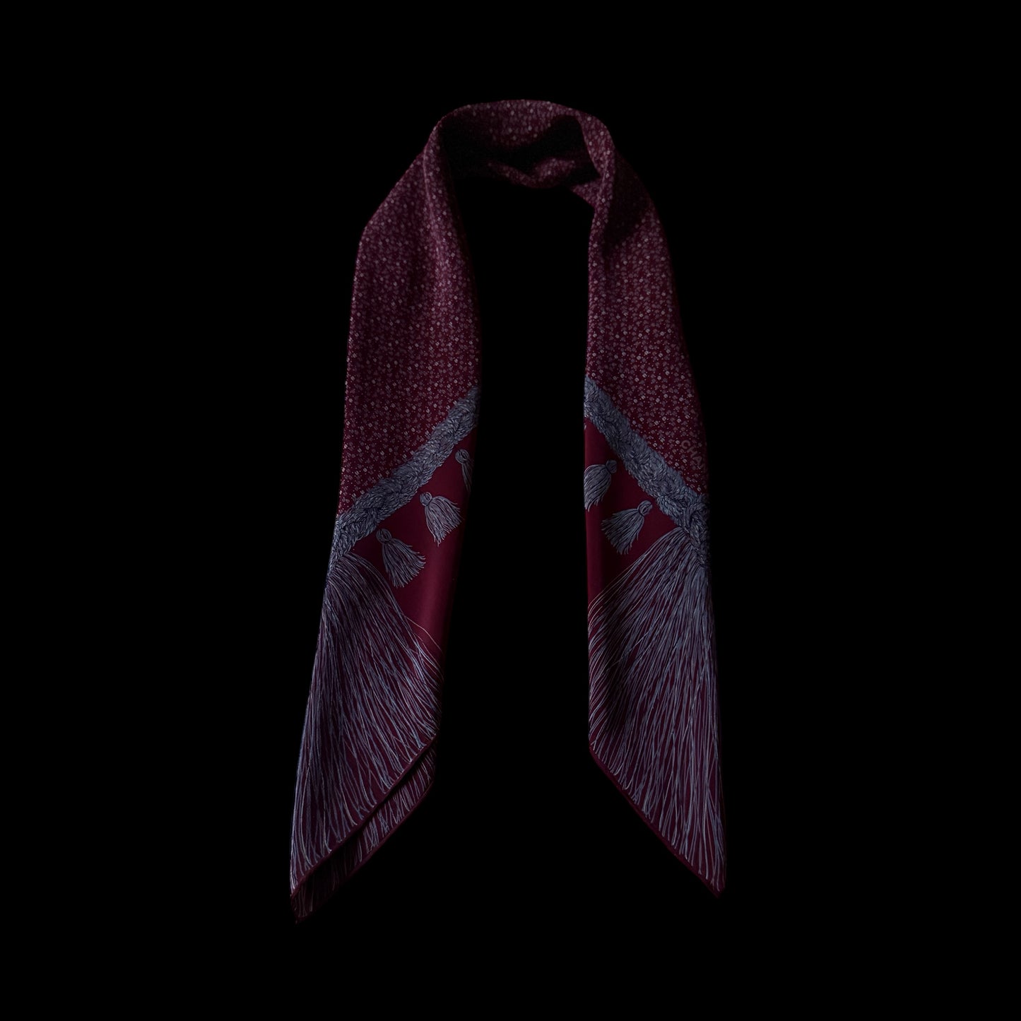 CHANEL Vintage Burgundy Equestrian/Floral Crepe Silk Scarf (84 cm by 85.5 cm)