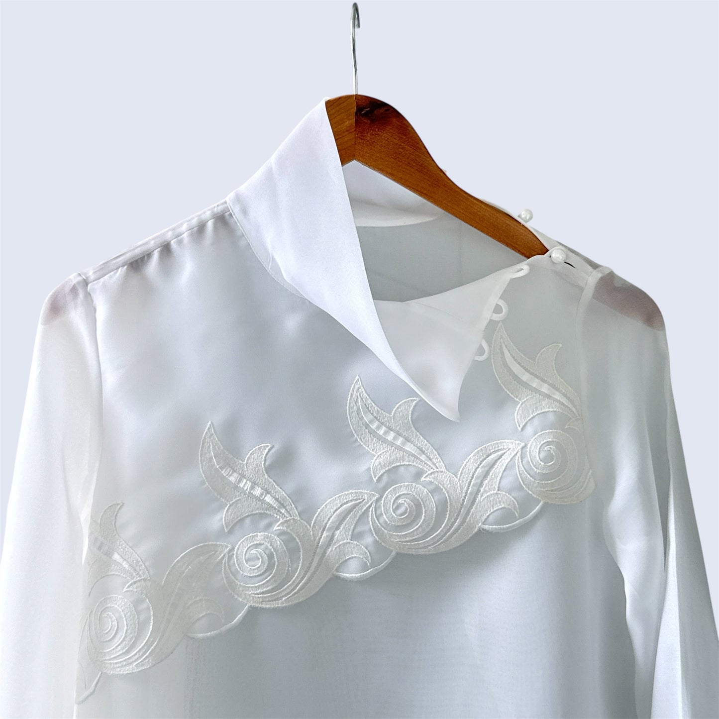 Vintage White Embroidered Front See-Through Blouse.